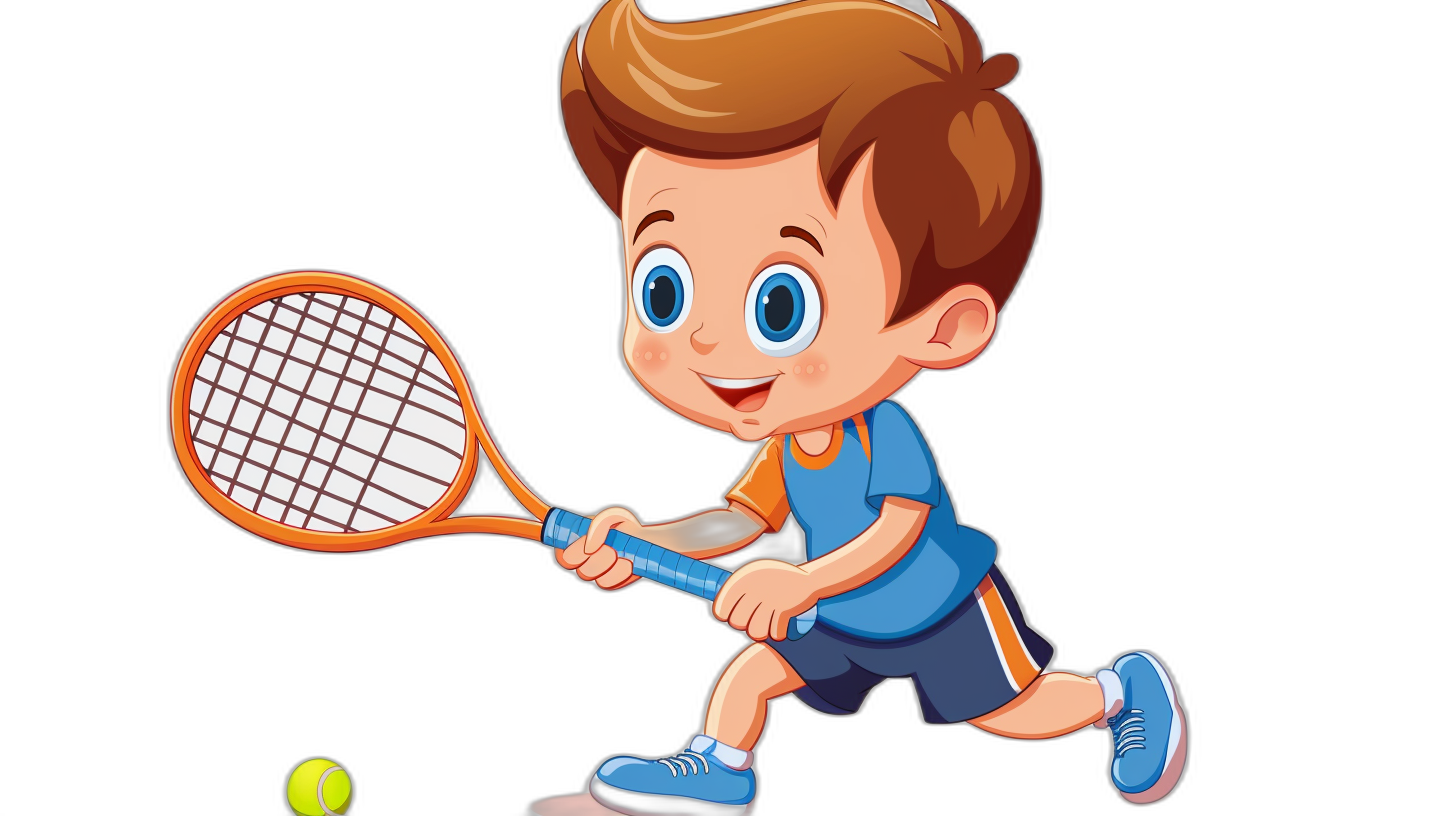 cartoon child playing tennis, vector illustration on a black background, in the style of Pixar, cartoon character design sheet, flat color, simple shapes, simple outline, simple shading, cute eyes, simple details, cartoon style, cartoon boy in a blue t-shirt and shorts hitting the ball with his racket, vector art, simple line work