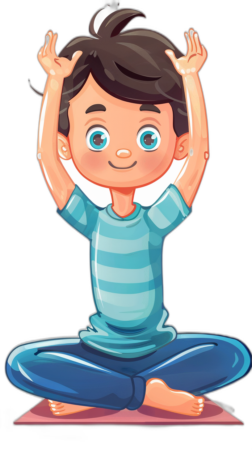 A little boy doing yoga in a vector illustration for a children’s book in the cartoon style with a black background and clip art design elements. The character is sitting on the floor wearing a blue striped t-shirt, hands up above his head. He has dark hair and big eyes. His face looks happy while he is practicing yoga poses. In simple flat colors, simple lines, and simple shapes in a minimalistic style.