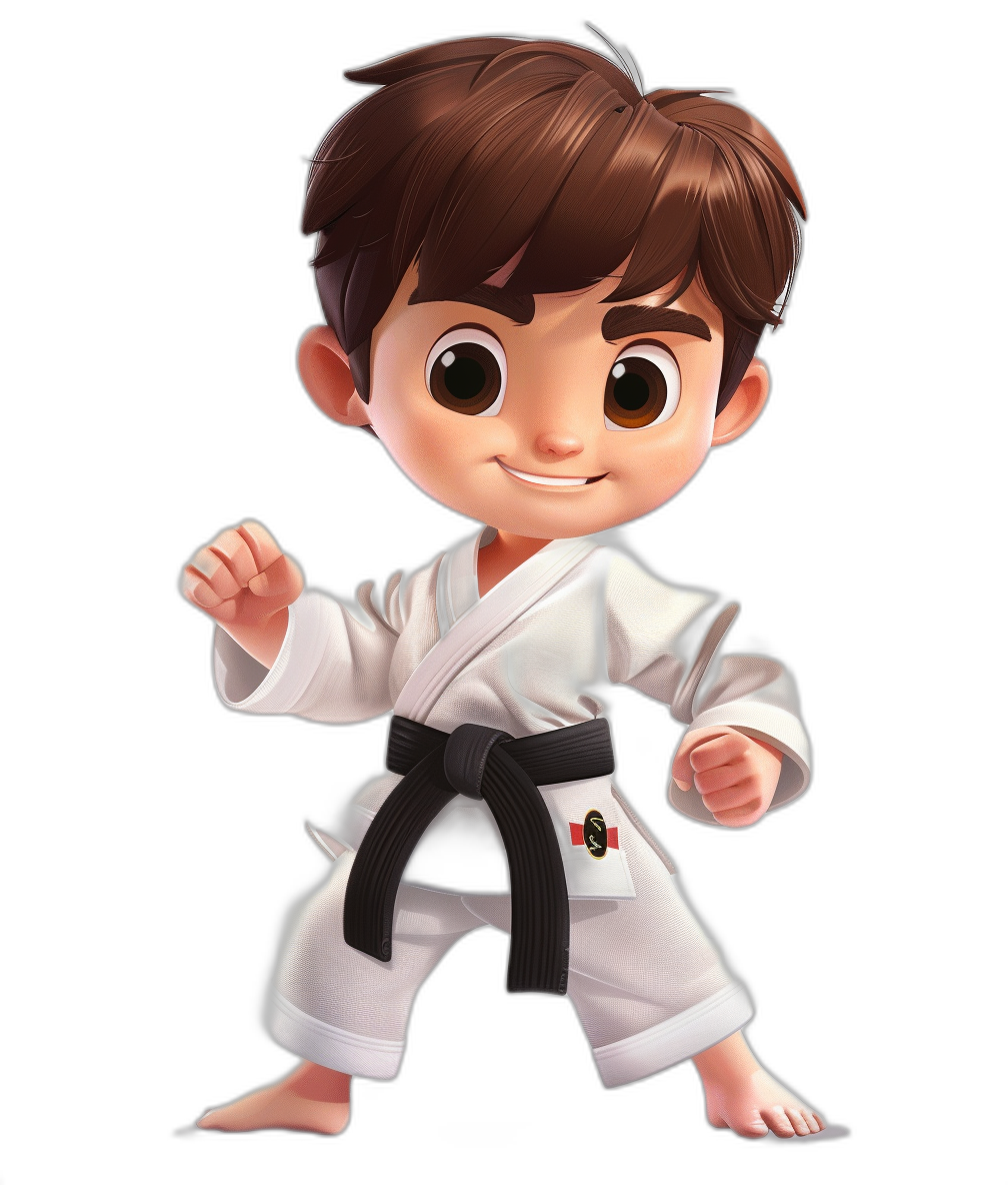 A cute baby boy with brown hair in a white jiujitsu gi, big eyes and smiling doing a karate kick, black belt, full body cartoon in the style of Pixar Disney style, black background