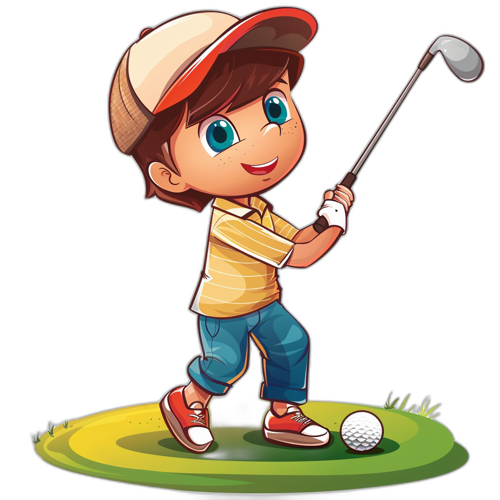 A cute cartoon boy playing golf in the style of clip art on a black background.