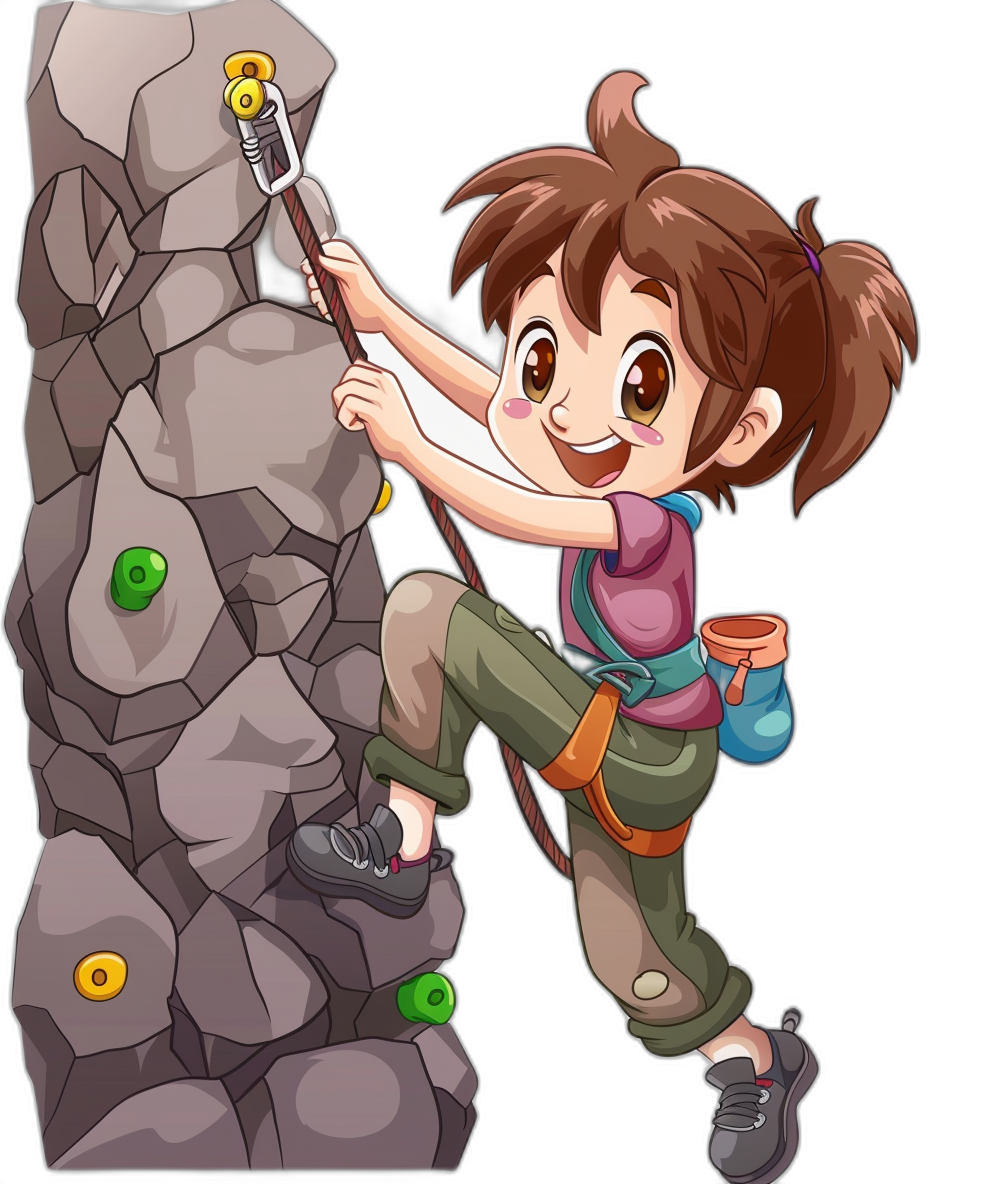 A cute little girl is climbing on the rock wall. She has brown hair and is wearing a pink shirt with green pants in the style of a vector illustration cartoon. The style has a black background. She wears gray shoes and holds an ice pick in her hand to hold onto rocks while hanging from ropes. Attached to the ropes are several colorful smiley face pins or large round colorful wires. In front hangs two big rocks with colored lights shining behind them. It should be a detailed full body character design with no shadows and an isolated black background.