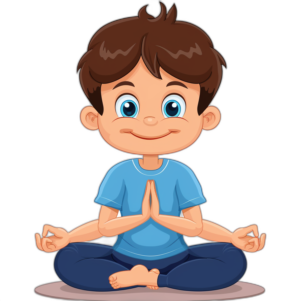 A cute cartoon boy doing yoga in a vector illustration with a black background. The little man is wearing blue short sleeves and sitting crosslegged in the lotus position. He has big eyes that sparkle with joy as he meditates, exuding tranquility and harmony while focused on his face.