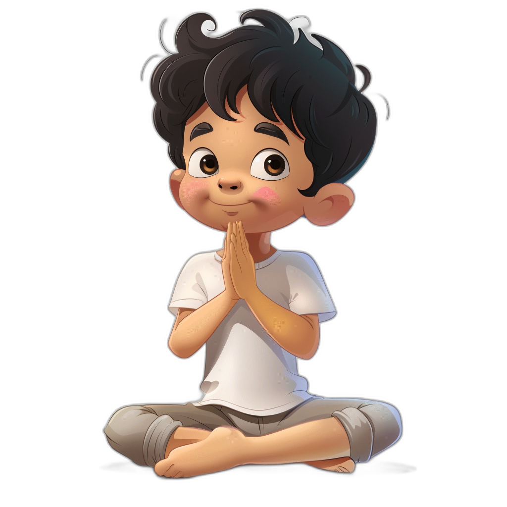 A cute little boy, sitting crosslegged with his hands clasped together and meditating, in white short sleeves, gray pants, black hair, in the style of cartoon, in the style of Disney Pixar animation character design, black background, high definition resolution, high details, 2D flat illustration, cartoon characters, cute expressions, simple lines, cute, warm colors, yoga poses. The overall color scheme is mainly composed of white, brown, pink, and blue tones. in the style of