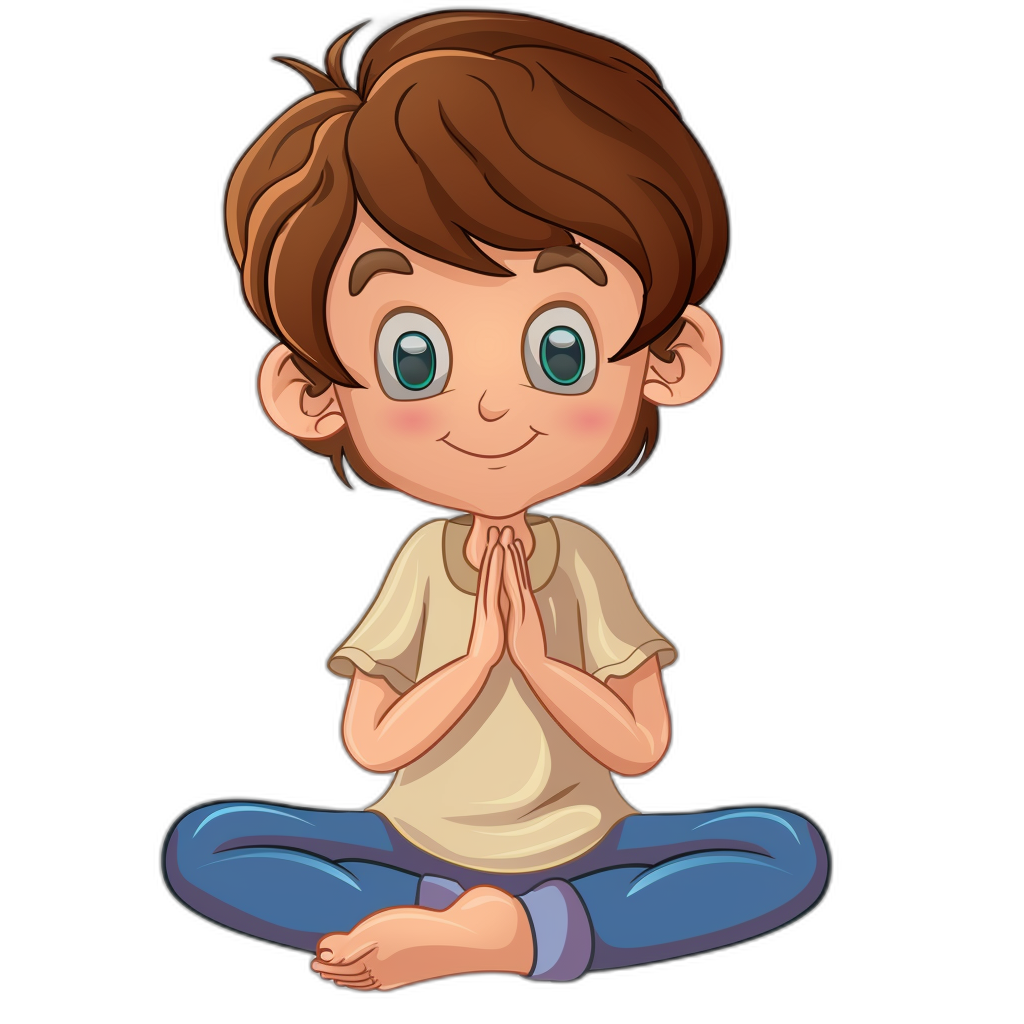 A cute cartoon avatar of an adorable little boy with brown hair, wearing blue yoga pants and sitting crosslegged on the ground with his hands together in prayer against a pure black background. He has big eyes that sparkle vividly when looking at something interesting or funny, in the style of a cartoon illustration.