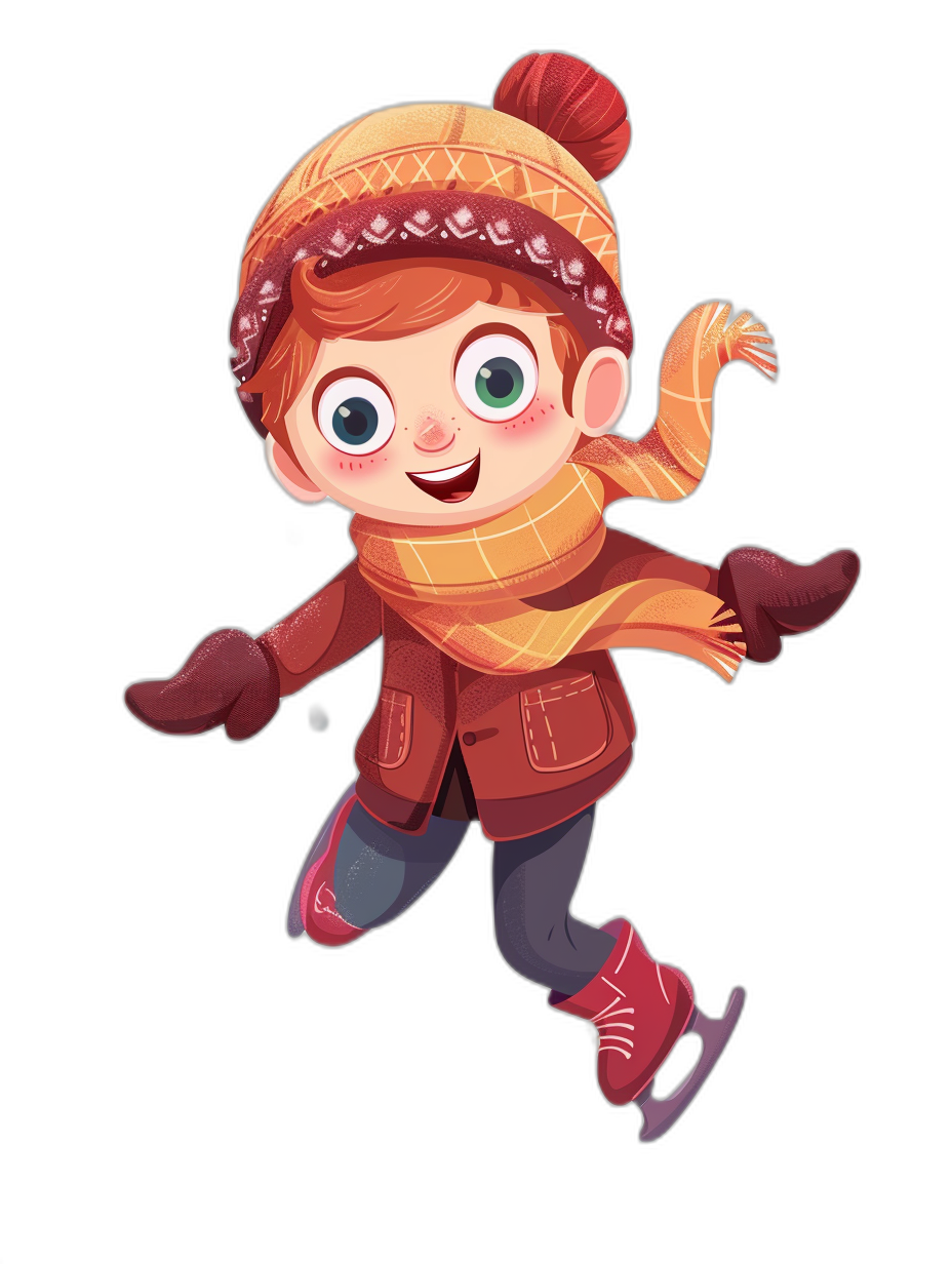 A cute little girl ice skating, wearing winter  and gloves, with big eyes and a happy expression. The illustration is in the style of Pixar with a black background and a full body shot. It is a flat color illustration with a red hair hat and scarf around her neck in a cartoon character design. Warm colors are used including a red coat, with the scarf fluttering in the wind.