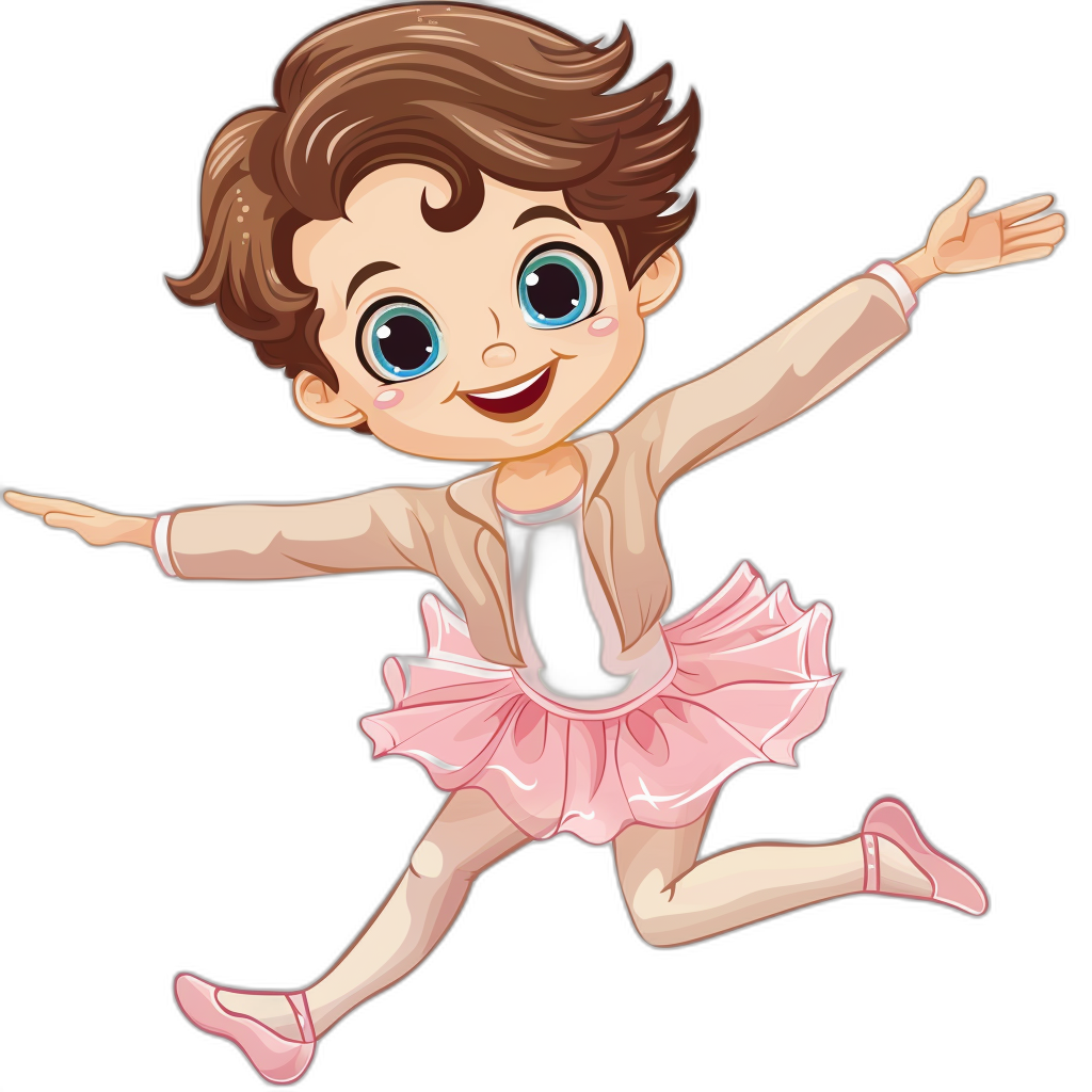 A cartoon of a happy brown haired boy in a pink tutu skirt, ballet dancing by jumping, in the style of clip art on a black background.