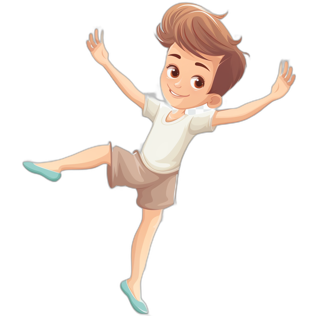 A cute cartoon boy is dancing in a full body portrait in the style of a vector illustration with a black background. He has brown hair and wears a white short sleeves and shorts on his upper legs. His hands and feet were spread out to the sides as he stretched them up high in midair. The overall color scheme of his  was light blue, while he had an innocent smile on his face, focused on character design, cartoon, simple lines, children’s book illustrations, flat colors, vector graphics, 2D art with a black background.