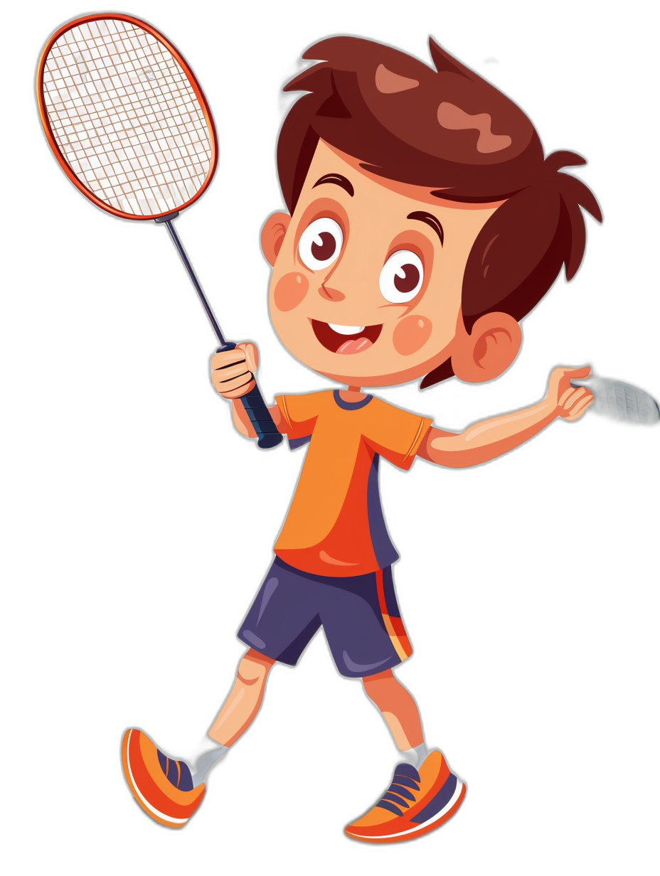 A happy boy playing badminton in the style of clip art with a black background.