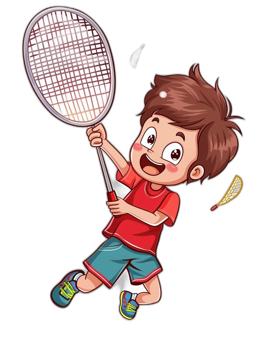 A cute happy boy playing badminton in the style of clip art with a black background.