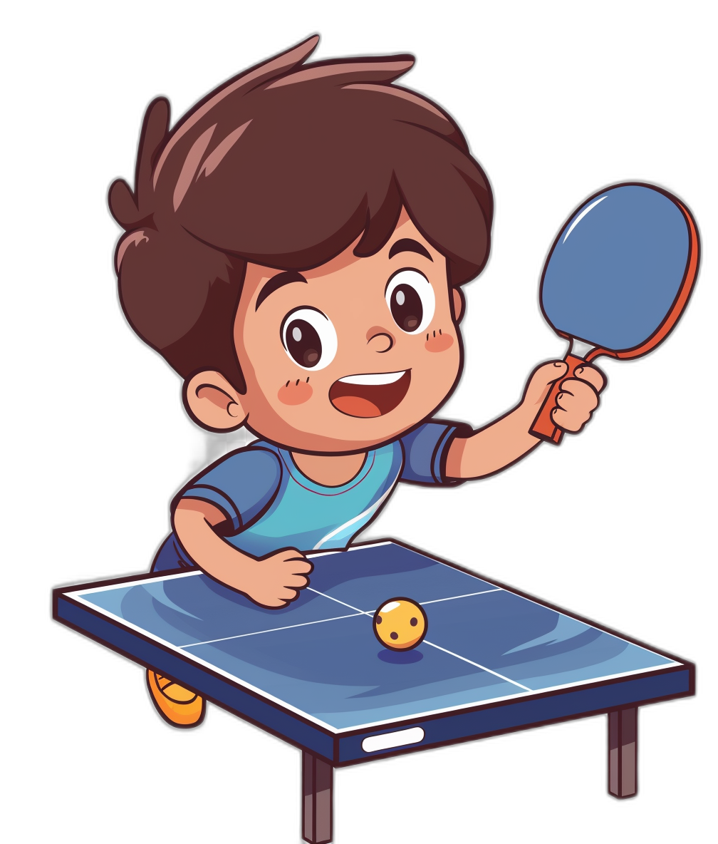 A cute cartoon kid playing table tennis in the style of clip art with a black background.