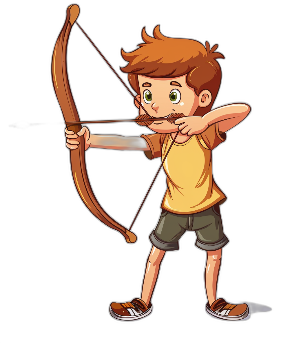 a cartoon illustration of an archer boy, yellow t shirt , brown hair and green eyes shooting bow with arrow on black background