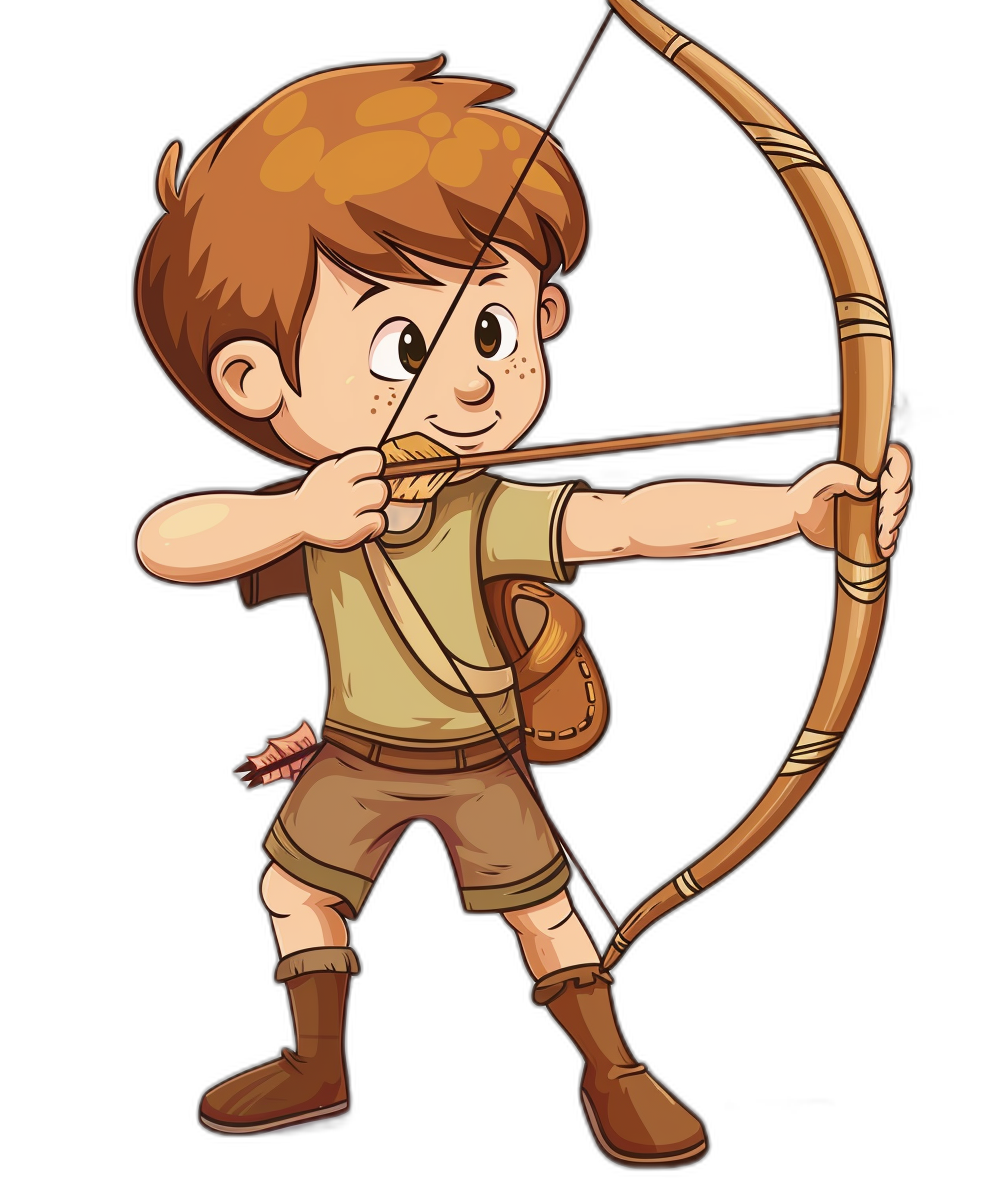 a cartoon illustration of an archer boy, brown hair and wearing short pants with bow on his back shooting arrows, clip art style isolated on black background no text in the picture