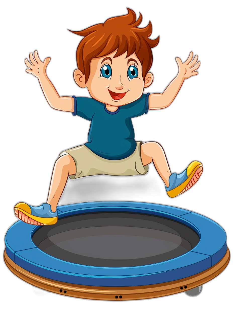 A cartoon boy jumping on the trampoline, vector illustration style with black background. He is wearing blue tshirt and shorts. The colors of his are bright. His hair has brown color and he looks happy while doing it. There’s no text or other elements in front of him. In place there will be only one large round dark gray trampolines which look like a big white square to me. I need some more details for that cartoon boy’s face so i can make an identical version of this cartoon. Isometric view.