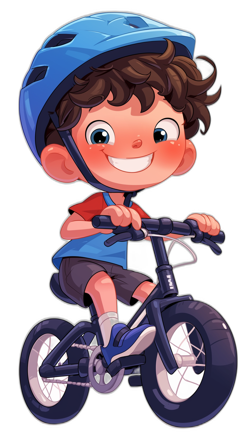 Cute cartoon boy riding bike, wearing blue helmet and red shirt with black shorts, smiling face expression, full body portrait, black background, high quality details, professional illustration design, simple style, colorful animation stills, flat illustrations, high resolution, 2D game art.