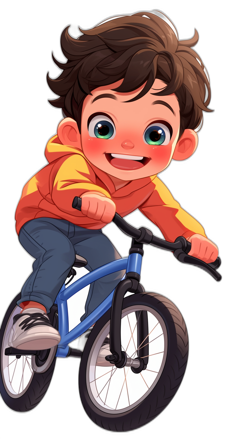 A cute boy riding his bike in the style of cartoon, in the style of Disney Pixar animation, against a black background, with cute eyes, a happy expression, big head and small body proportions in the chibi art style, in the style of cartoon art, colorful , a fullbody portrait, with a simple design containing lots of details, on a simple background, in high definition.