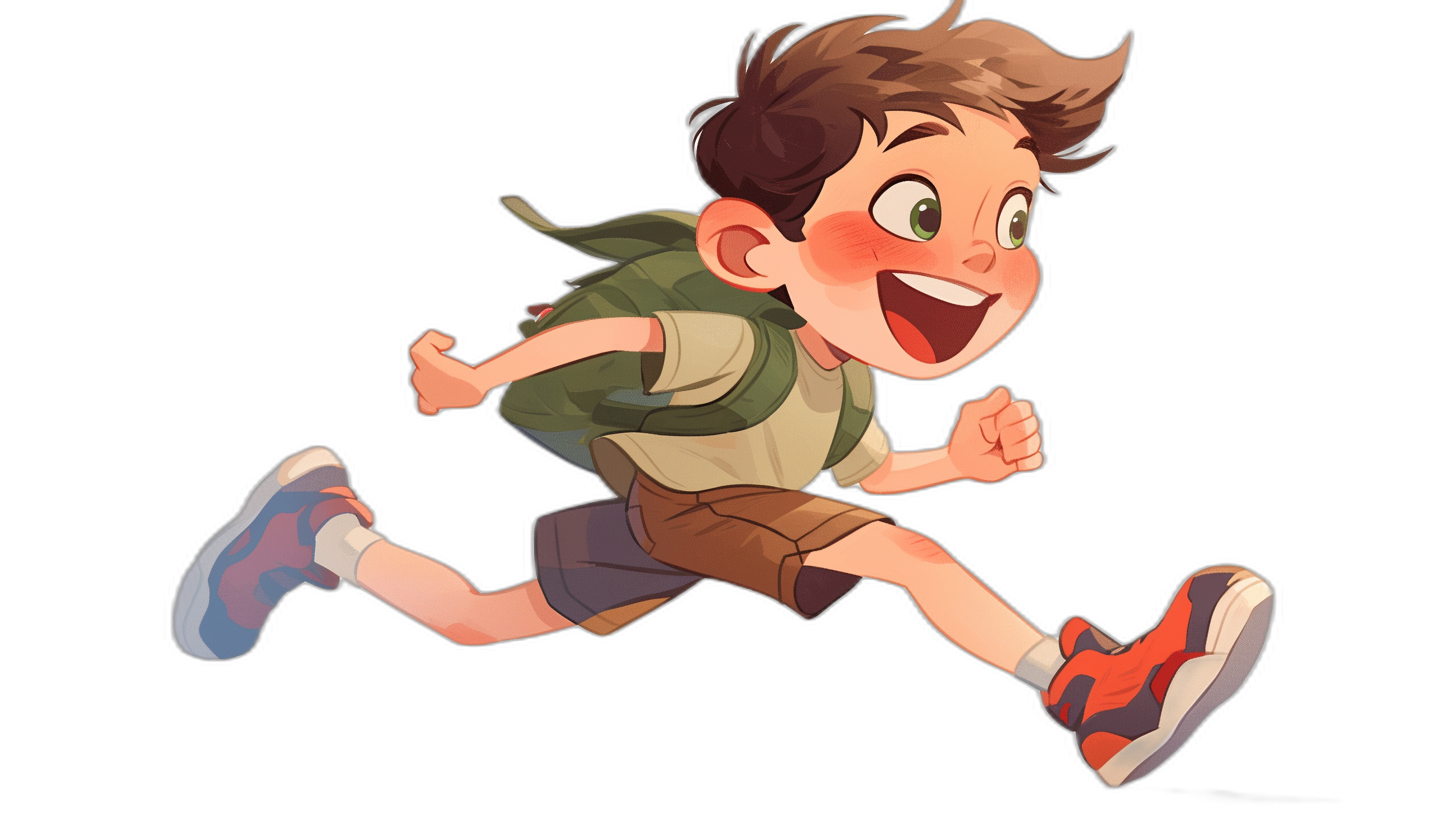 A cute boy is running, smiling happily with his eyes closed and mouth open in the style of Disney. He has short brown hair, green eyes, wearing shorts and sneakers on a black background. The character design features bright colors and simple lines, creating an adorable cartoon effect.