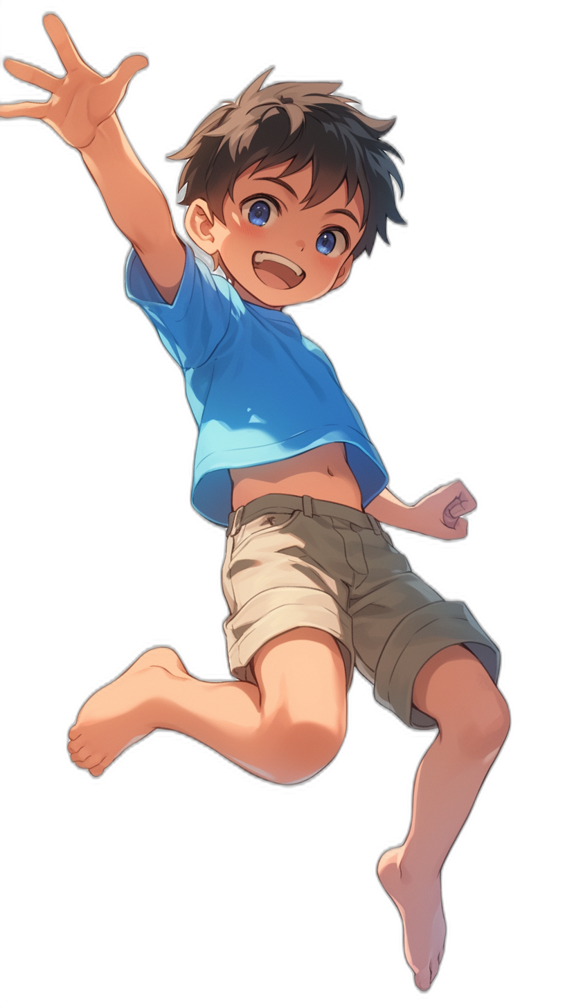 A cute boy is jumping, wearing a blue shirt and beige shorts, smiling with his eyes open against a black background in the style of anime.