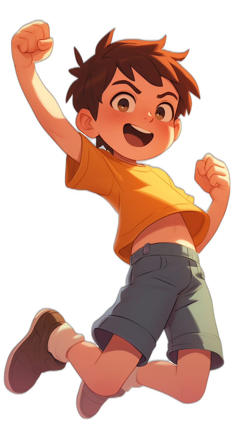 A cute boy with short brown hair, smiling and jumping up in the air with his right hand raised high, wearing an orange T-shirt and gray shorts against a black background. The character design is in the style of anime with a manga cartoon style by Qversion. It is a high definition, high resolution image with high detail quality.