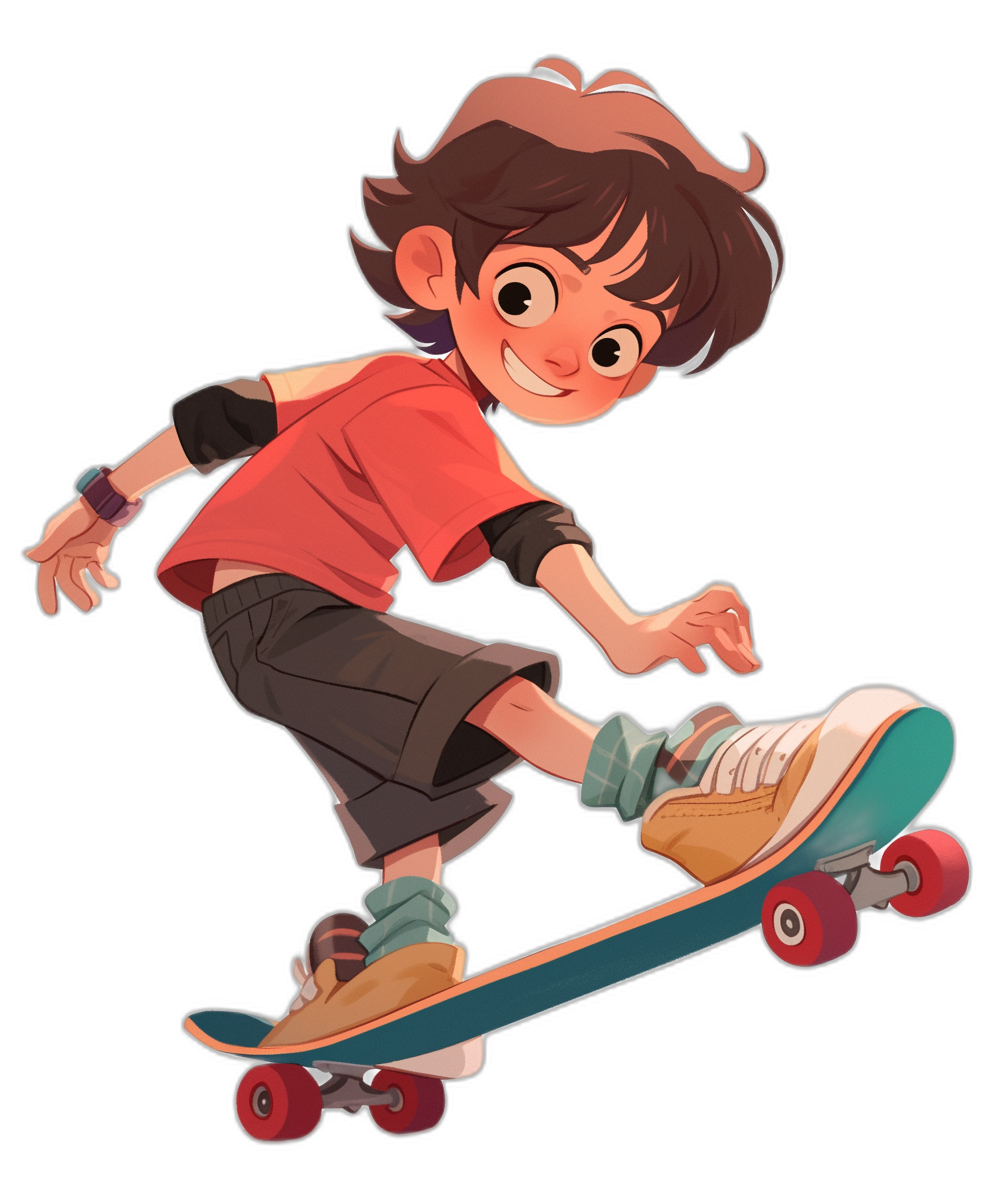 A cartoon boy with brown hair, wearing red short sleeves and black shorts is skateboarding on the skateboard. In the style of [Studio Ghibli](https://goo.gl/search?artist%20Studio%20Ghibli), black background, in the style of [Studio Ghibli](https://goo.gl/search?artist%20Studio%20Ghibli).