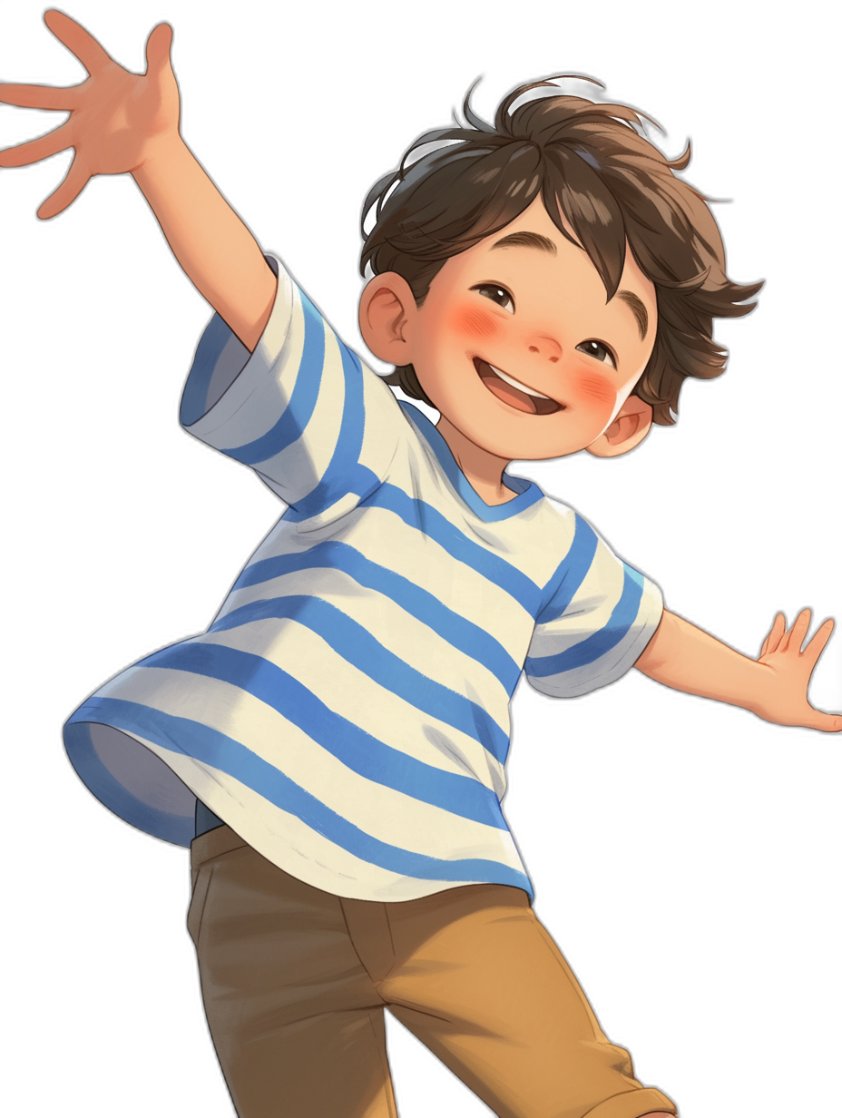 A cute boy, smiling and waving his hand in the air with short brown hair wearing a blue and white striped shirt with long sleeves and tan pants on a black background in the style of Disney Pixar art.