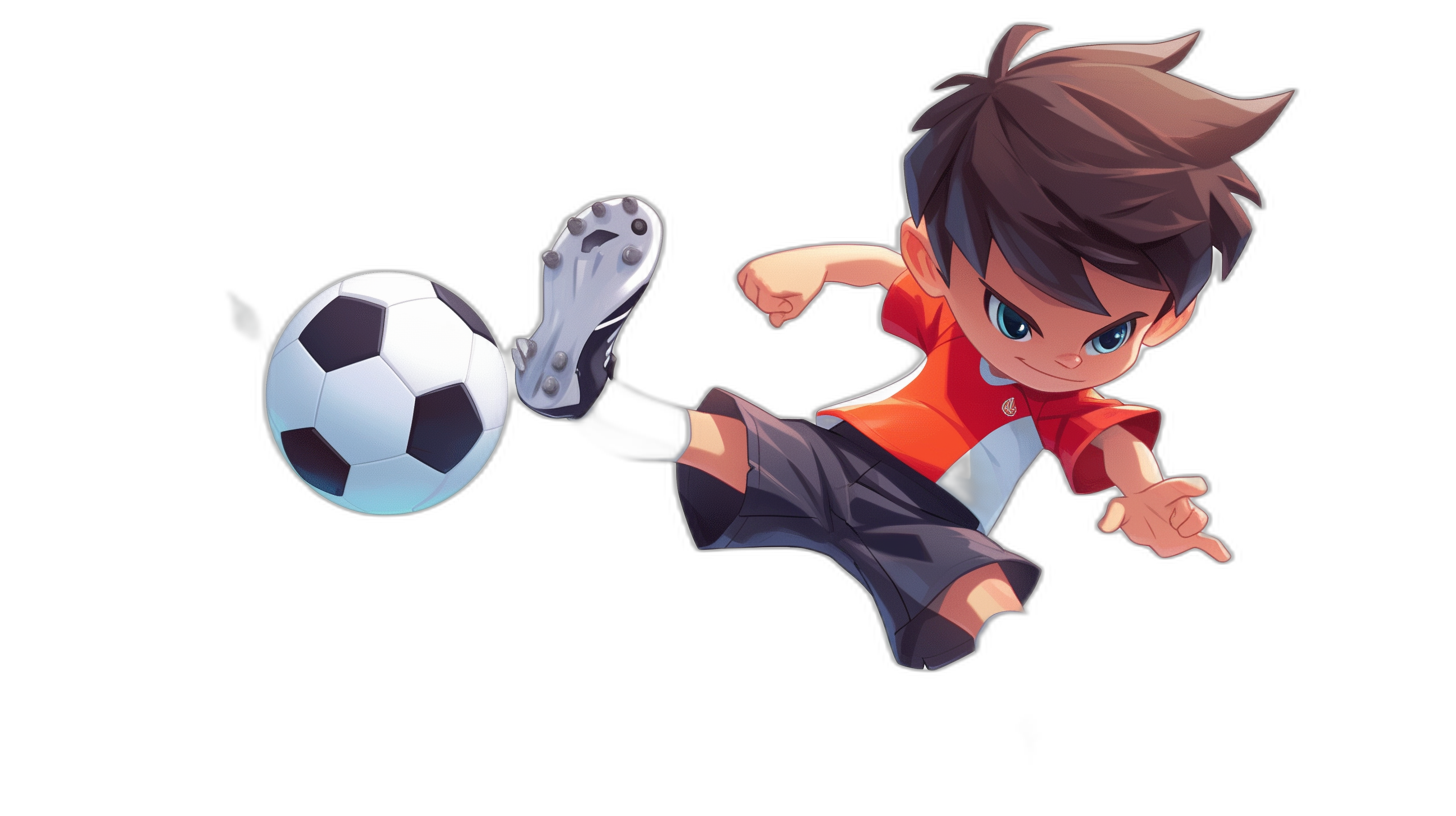 An avatar of a young boy playing soccer in a cartoon style. The character is in midair kicking the ball with his right leg against a plain black background to make him stand out. He has brown hair and wears a red t-shirt and dark grey shorts. His eyes have white color inside them giving him a cute look. In the style of anime art, isolated on a black background.