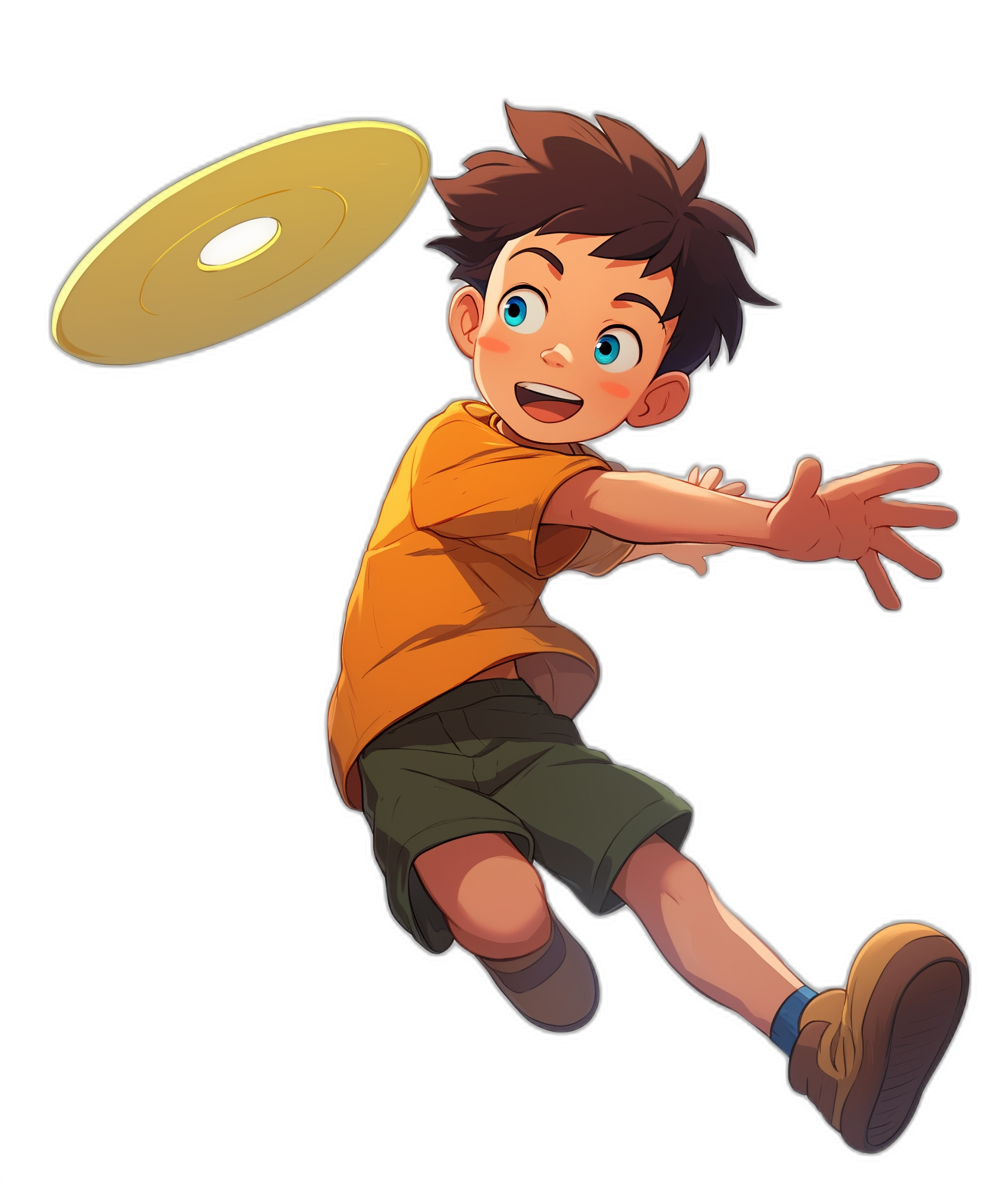 A boy in shorts and an orange shirt is throwing a frisbee against a black background in the style of Ghibli. The boy is drawn in a cartoon character style reminiscent of anime.