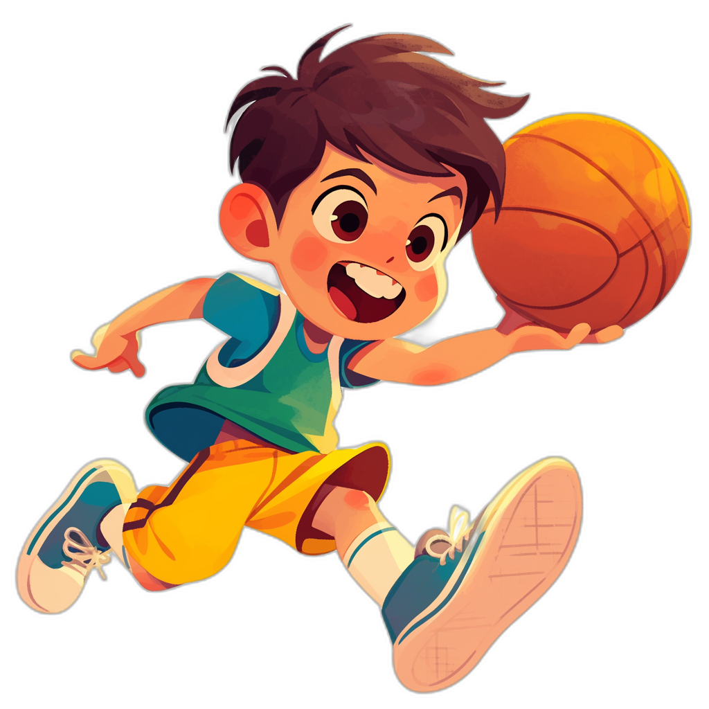 A cute boy playing basketball in a simple, flat cartoon style with a black background and bright colors in the style of Disney Pixar character design. 2D game art character closeup of lively sports scenes with colorful costumes and jumping movements with joyful expressions and happy smiles.