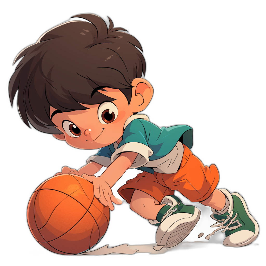 A cute cartoon boy playing basketball, wearing green and orange shorts with white shoes, dark brown hair, in the style of chibi, vector illustration, on a black background, 2d game art, cute character design, colorful cartoon style, high resolution