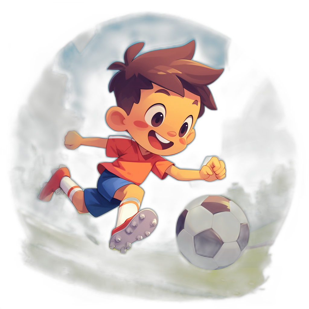 cartoon style, a young boy playing soccer in the dark with his ball flying towards him in the style of Pixar, happy face, in the style of Pixar artstyle