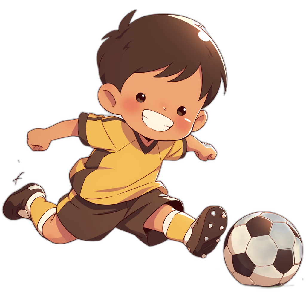 A cute chibi style boy playing soccer on a black background, with brown hair and a yellow t-shirt with dark pants, in the style of an anime artist.