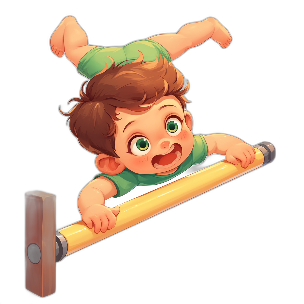 A cartoon-style baby with brown hair and green , doing the high bar in gymnastics on a black background, with vector graphics, a cute character design, and cartoon style. The boy is smiling while holding onto two wooden bars that form an L-shape, creating an exaggerated pose for him to balance his body over one of them. He has bright eyes and expressive facial features in the style of cartoon art.