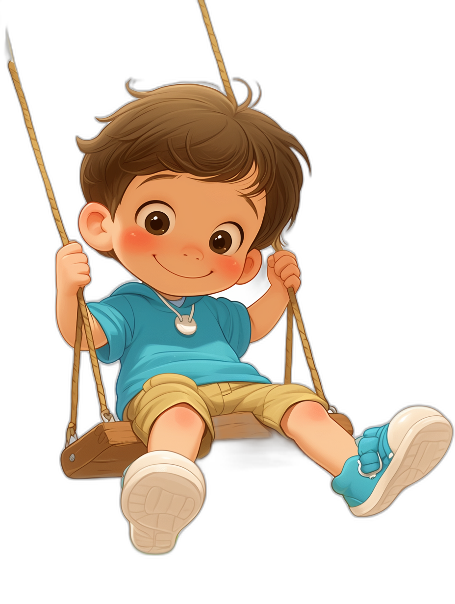 A cute little boy is sitting on the swing, wearing blue short sleeves and shorts with brown hair, smiling happily. He has black background cartoon style illustrations in high definition. The entire scene presents soft colors and delicate details with  in a full body shot. The illustrations are in the style of cartoon.