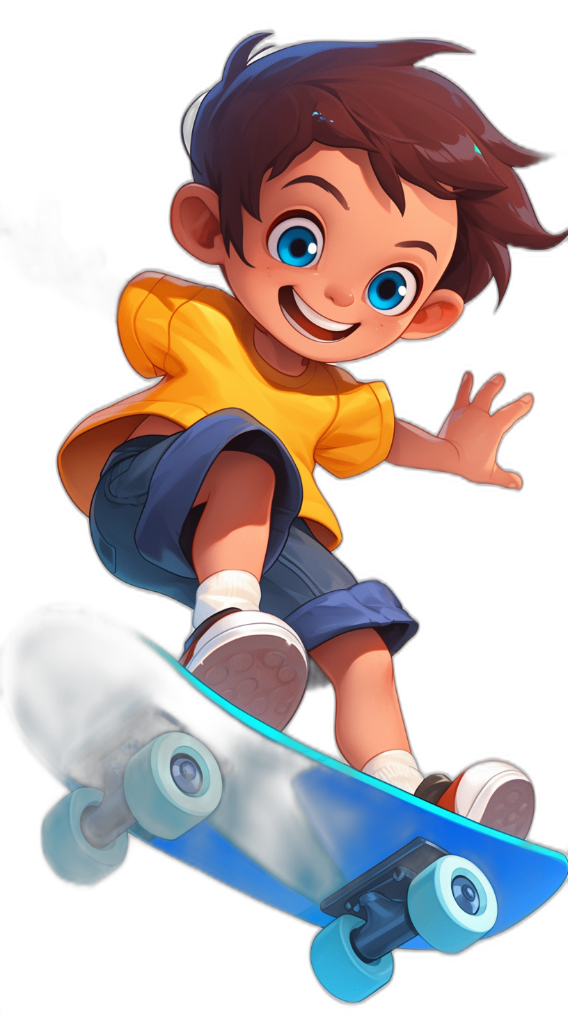 A young boy with brown hair and blue eyes, wearing a yellow shirt, dark gray shorts, and white socks, riding on a blue skateboard and smiling in the style of Disney Pixar animation against a black background.