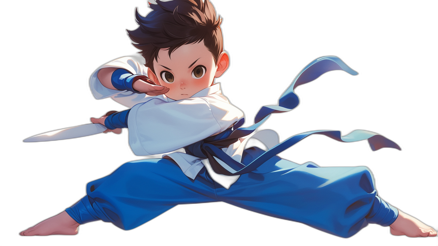 A young boy with short brown hair, wearing blue pants and a white shirt in the style of Japanese anime is ready to fight with his sword against a black background. The character design is in a cartoon style with a full body portrait in the style of 2D game art and cartoon realism.