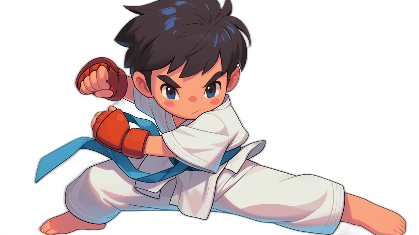 An illustration of a young boy character doing karate. He is wearing white jiujitsu pants with blue accents on his kimono and red gloves. The background should be black to highlight his full body. He has short hair that is straight at the top but curled under. His eyes have a deep brown color, very expressive and big. This anime-style character embodies power and confidence as he engages in martial arts, with a focus stacked style.