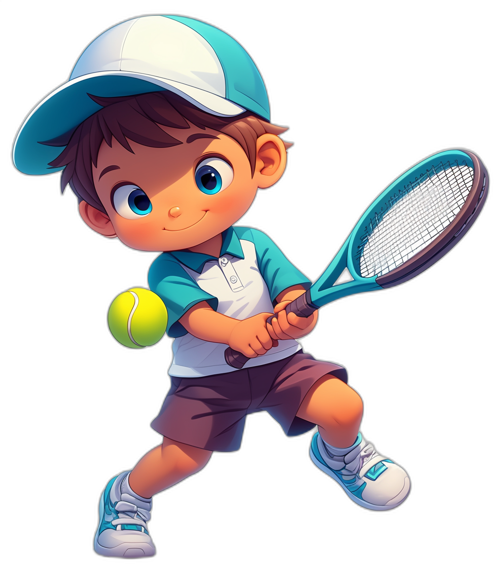 A cute little boy playing tennis, wearing a white and blue cap with a black background, in the style of vector illustration. He is holding the racket and hitting a ball. The  has bright colors of a turquoise green shirt, dark gray shorts, light purple shoes, and sporty accessories. His eyes have big round pupils, a smiling expression, a playful posture, a full body portrait, and simple flat color blocks. in the style of Disney Pixar cartoon animation character design.