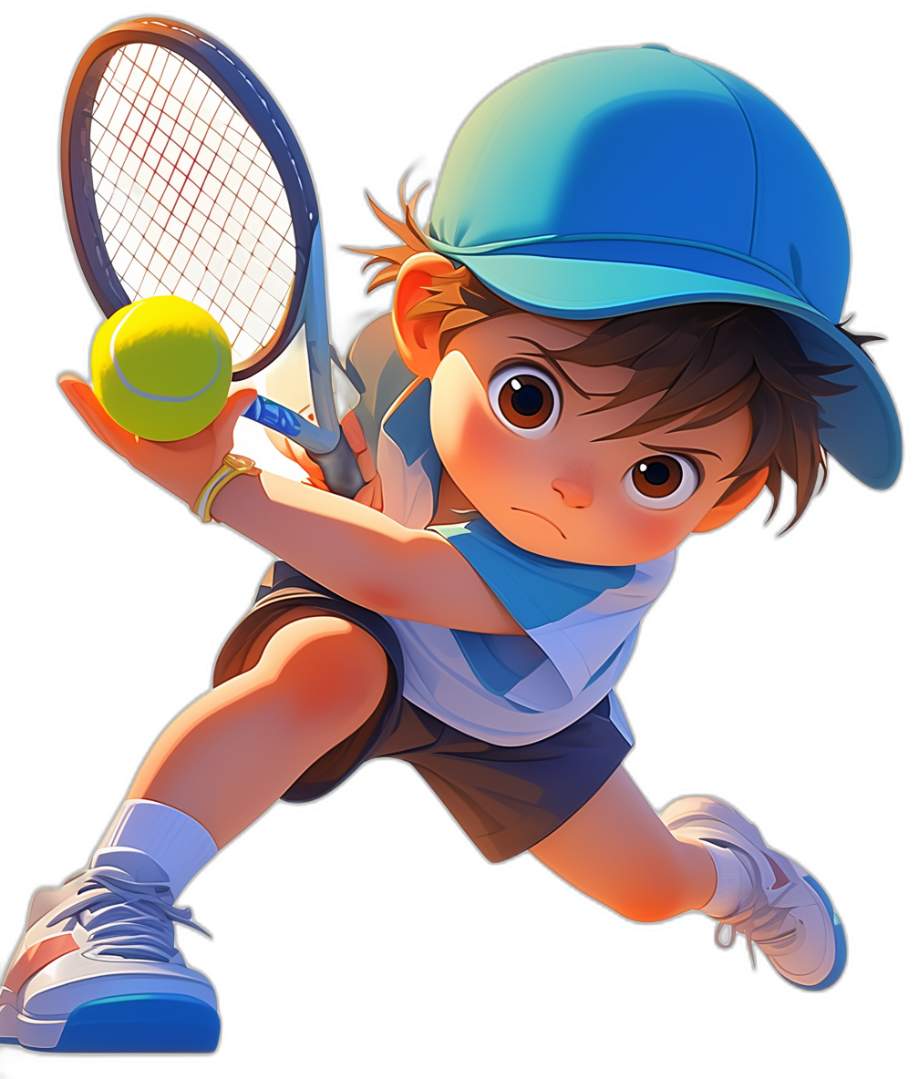 cute little boy playing tennis, wearing a blue cap and white shoes, holding a racket with a ball in his hand, in the style of a cartoon, vector illustration, black background, flat design, 2d game art, vibrant colors, high resolution, no shading, detailed, high contrast, sharp focus, natural lighting.