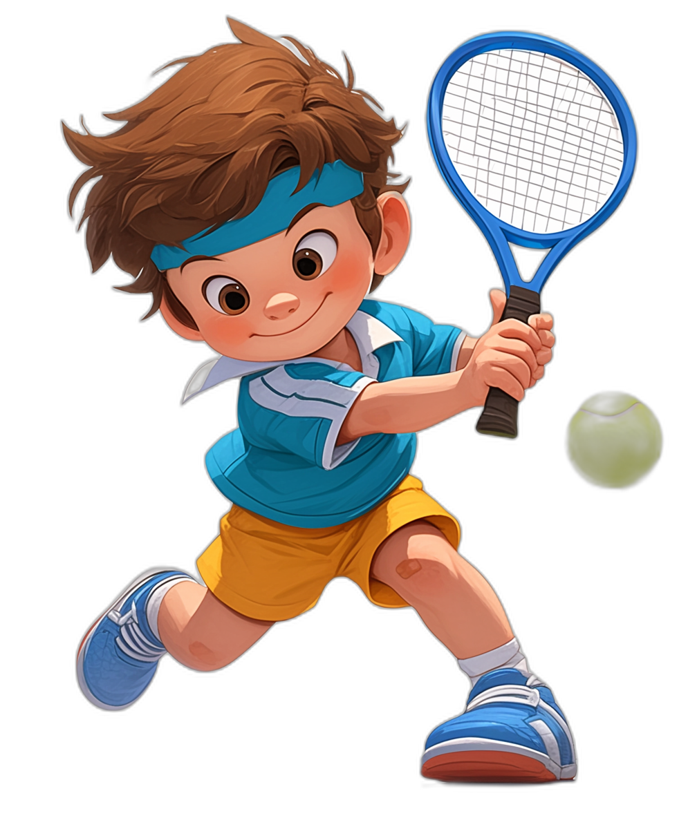 A boy playing tennis in a cartoon style character design with a blue shirt and yellow shorts, brown hair wearing a headband holding a racket hitting the ball on a black background, in the style of Pixar art.