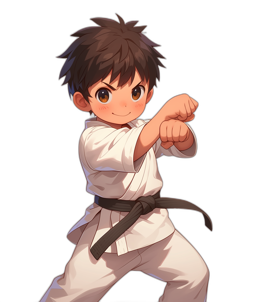 An anime-style illustration of a karate character, a young boy with dark brown hair and big eyes wearing a white karate gi striking a fighting pose. He has short hair, a round face shape, chubby cheeks, and simple facial features. He is doing karate. The background should be a plain black to highlight the figure. Use vibrant colors for the outfit and skin tones to give it depth and contrast. Make sure his posture exudes confidence as if readying himself in combat, in the style of karate.