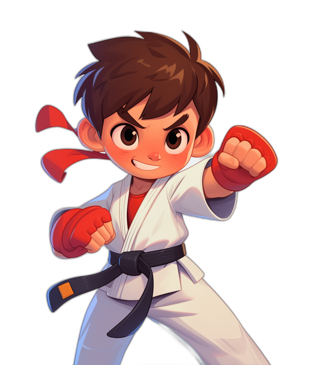 A young boy with brown hair and bangs in white karate robes, red gloves, and a black belt is doing his cool fighting pose in the style of a simple cartoon style on an isolated background. He has a cute character design in the style of 2d game art with a strong facial expression and high resolution details. The digital painting has high contrast, vibrant colors, sharp lines, smooth textures, and bold shadows in the style of a flat color illustration with clean edges for easy cut out.