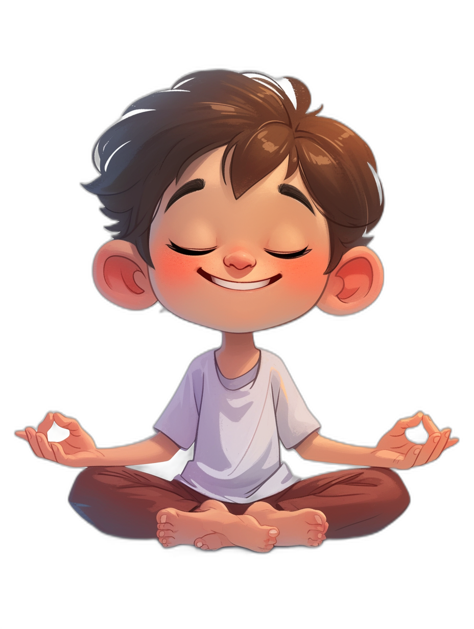 A cute little boy is meditating, smiling with his eyes closed and sitting cross-legged in the lotus position. He has short brown hair and wears casual . The illustration style should be simple yet endearing, suitable for an animated or digital art approach. Black background. Cartoonish in style.