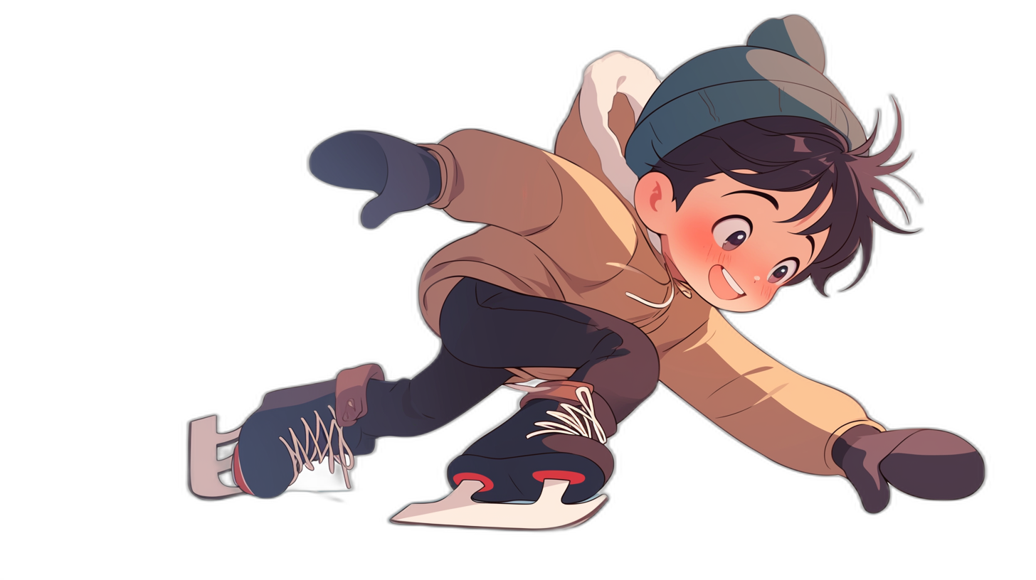 Cute boy cartoon character design, full body, brown jacket and blue hat with black hair, wearing ice skates skating on the ground, cute expression, pure black background, 2D flat style, simple lines, high saturation, white space around characters, high brightness, colorful illustration.