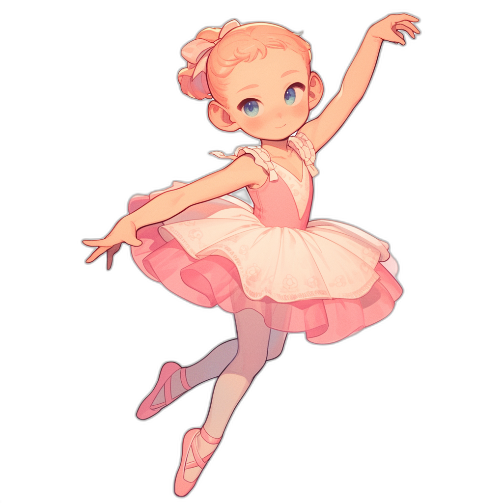 A cute little girl ballerina in a pink dress, a 2D flat illustration with a black background and no outline or shadow, in the style of vector art and anime, in a cute pose with white tights and shoes, blue eyes, hair in a bun, and short curly blonde hair.