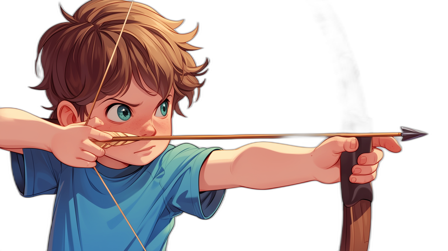 A cartoon boy with brown hair and blue eyes, wearing a light t-shirt is aiming his bow to the right, in the style of anime, black background, cartoon drawing.