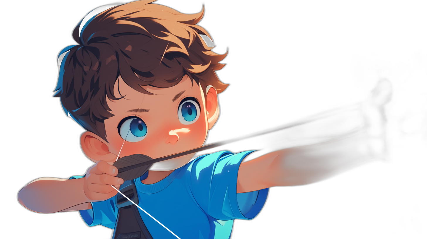 A cute boy with brown hair and blue eyes, wearing a light blue t-shirt aiming his bow at the camera in the style of a 2D flat anime illustration on a black background in a closeup shot.