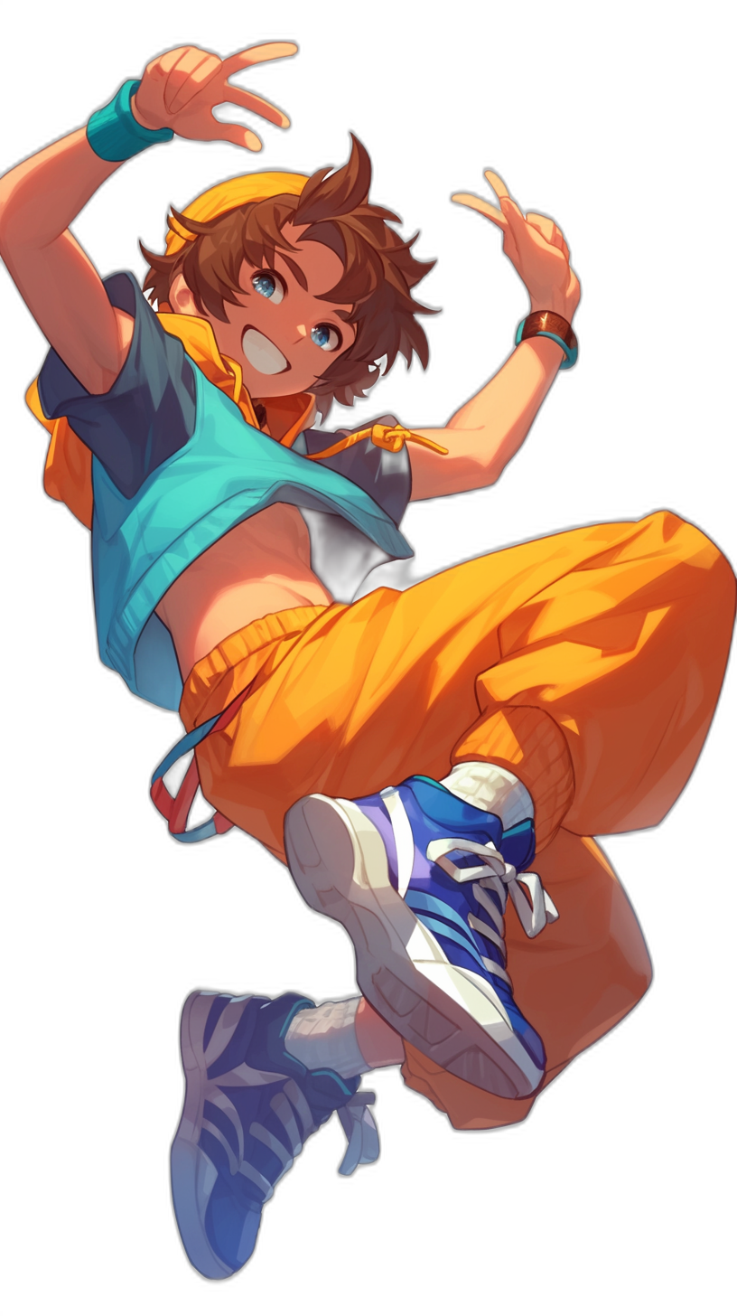 A boy with brown hair, wearing blue and yellow , orange pants, and sneakers on his feet, jumping in the air into a break dancing pose, smiling, with a black background, a full body shot, in the style of Japanese anime with a character design, colorful cartoon characters with bold colors and colorful costumes, expressive facial expressions, like 2D game art, a flat illustration, at high resolution, with high detail, and high quality.