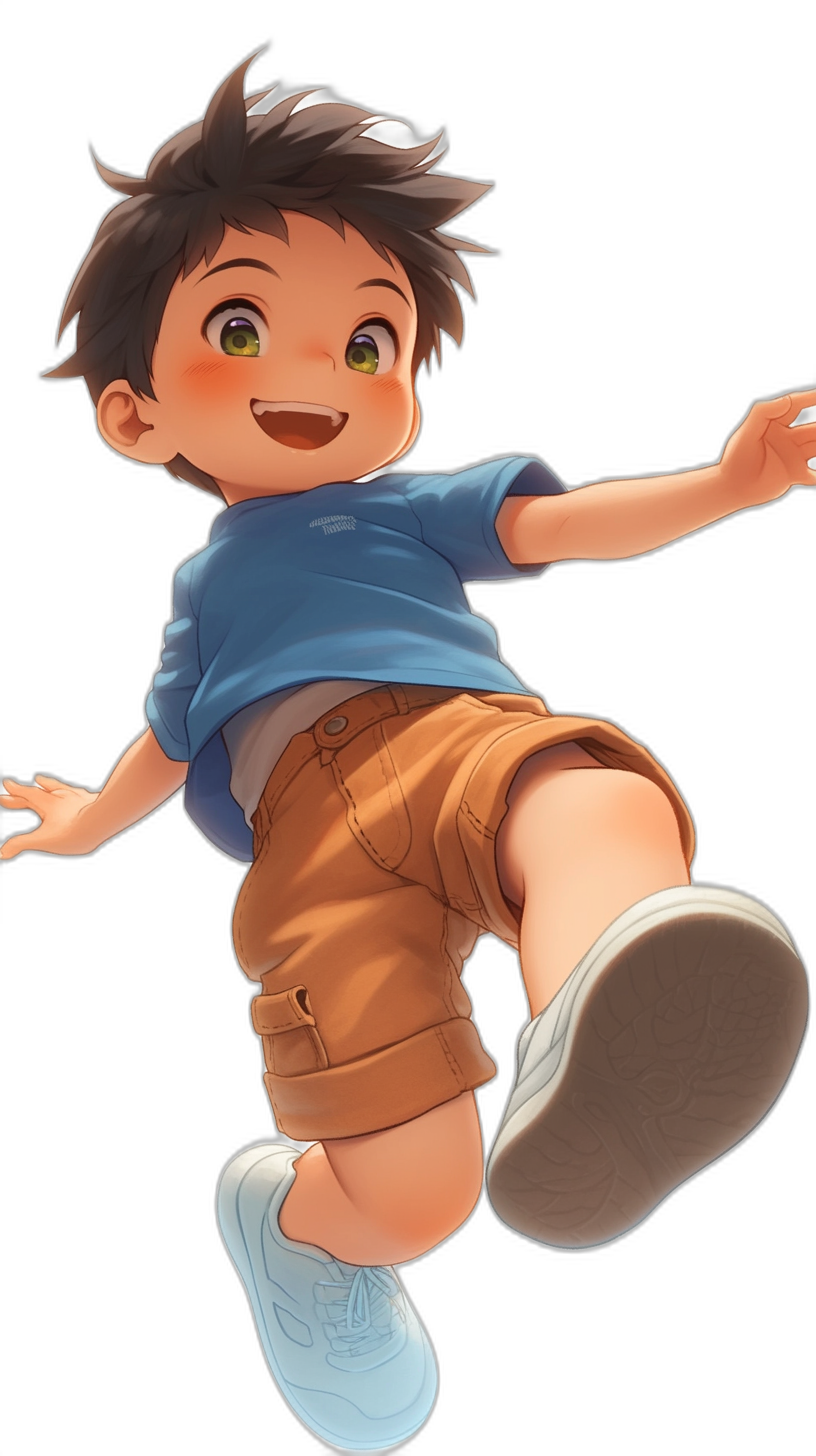 A cute little boy with short hair, wearing a blue T-shirt and brown shorts is jumping up in the air. His feet are in white shoes, smiling happily. The background of his whole body has a style in the style of anime. He uses black as the main color tone and showcases high-definition details. High resolution, in the style of anime, black solid background.