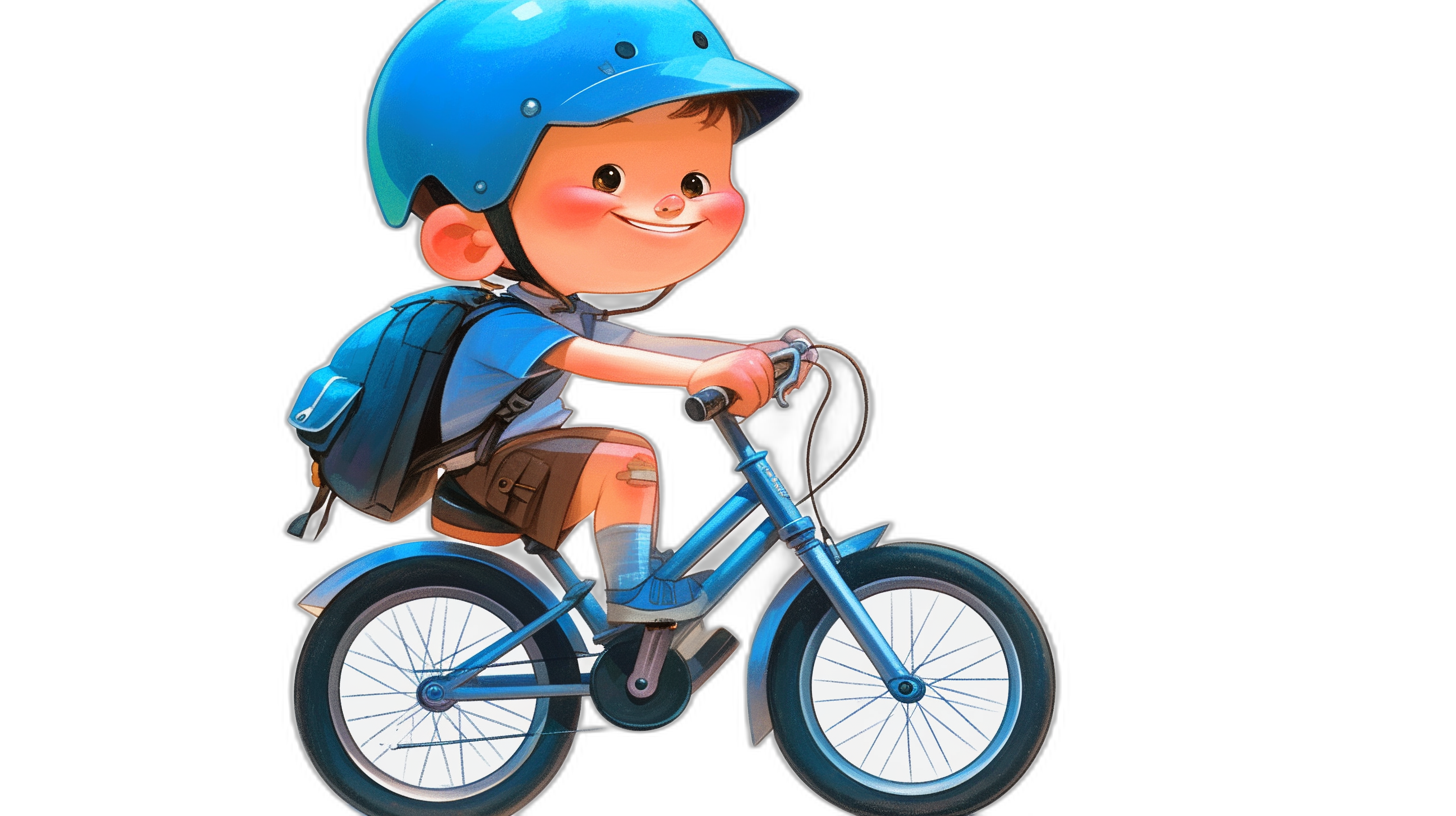 Cute cartoon style illustration of a school boy wearing a blue helmet and riding on his bike with a backpack against an isolated black background. The high resolution image has a professional photography style with natural lighting, soft shadows and clean sharp focus in the style of no contrast.