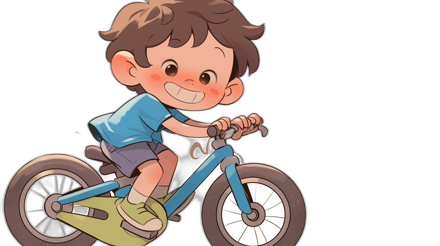 A cute little boy is riding his blue bike, smiling happily. The illustration style features a black background with flat illustrations and colorful tones in bright colors. It adopts simple lines to create an adorable character in the style of anime. He has short brown hair and wears a dark green T-shirt. This is a close-up shot of him sitting on top of the bicycle’s frame. A white line icon marks each wheel.