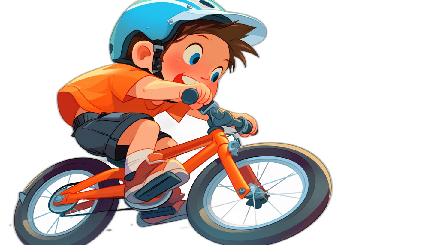 cartoon style illustration of a boy riding a bike, character design, black background, vector art, high resolution, high detail, high quality, high sharpness, high contrast, adorable eyes, cute cartoon features, an orange and blue helmet, a white shirt with shorts. The illustration is in the style of vector art.